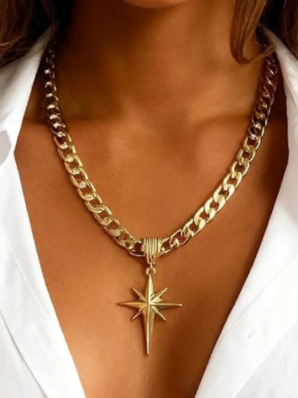 Anthropologie Gold Starburst Compass Pendant Chunky Chain Necklace - Picture 1 of 4